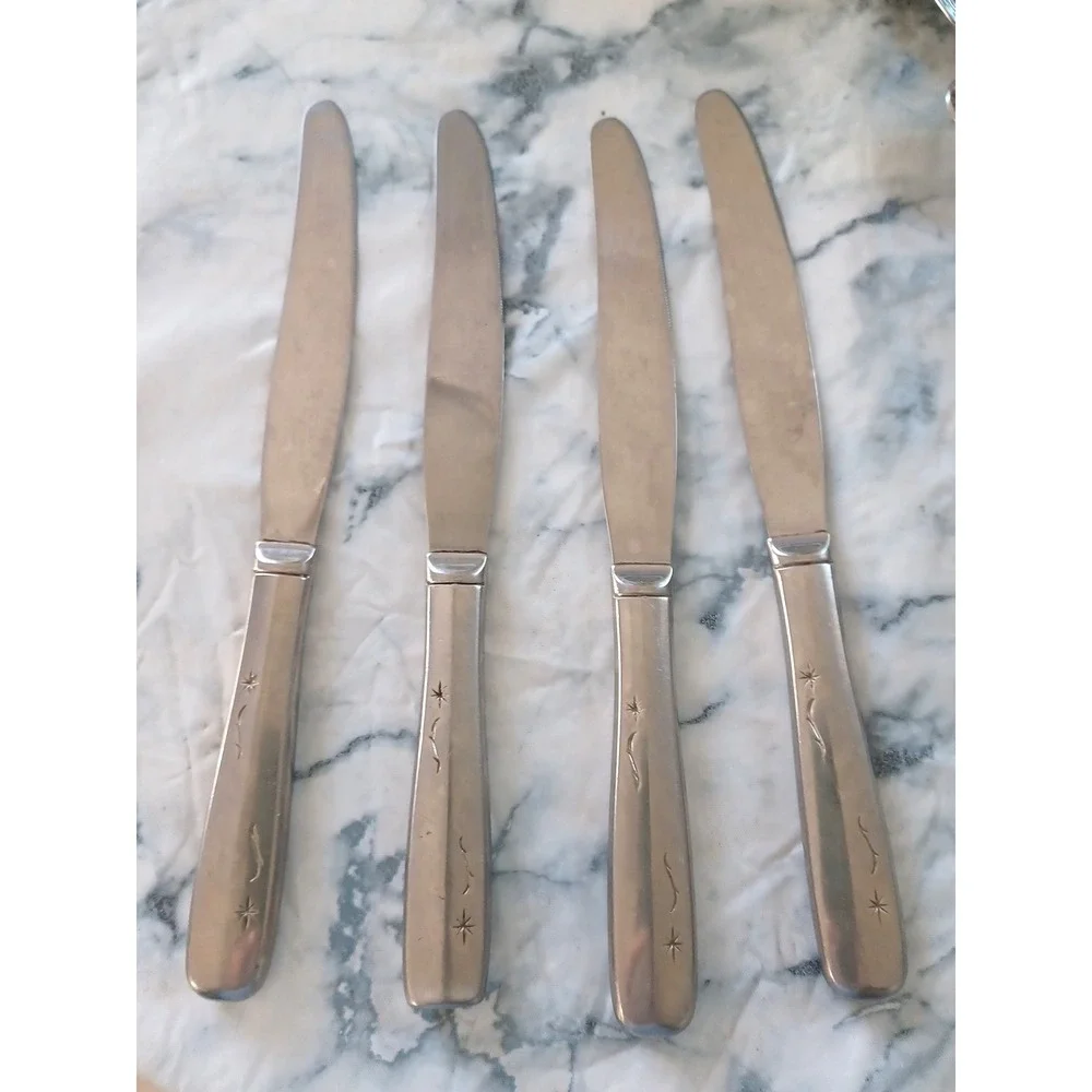 Vintage Atomic Starburst Dinner Knives Set 4 Mid Century Stainless‎ Steel Retro